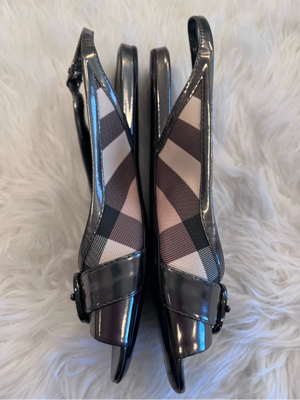 Burberry 38 Pewter Metallic Nova Check Sling-Back Peep-Toe Flats - Picture 2 of 11